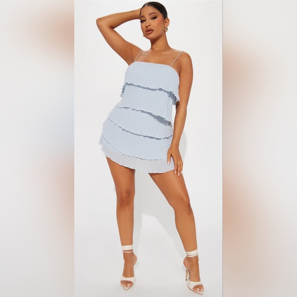 Fashion Nova Light Blue Tiered Mini Dress